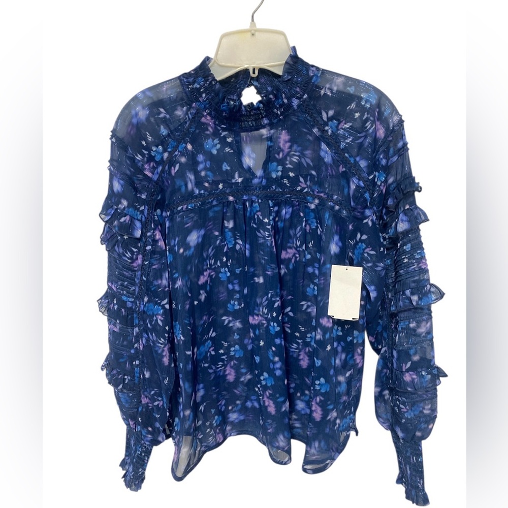 French Connection Sheer Blue Floral Blouse with Smocked Neck and Sleeves NWT
